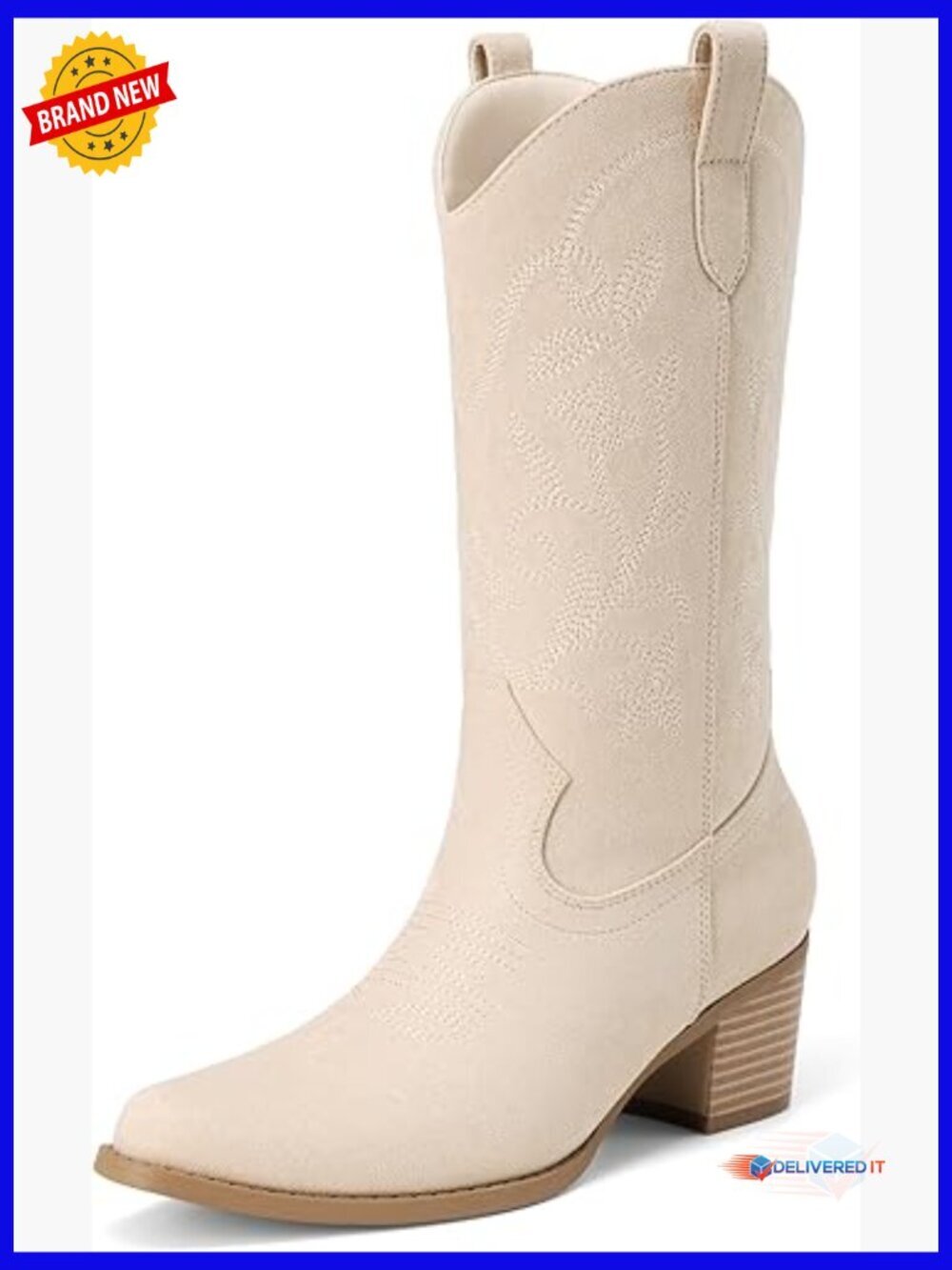 Embroidered Western Cowboy Boots Chunky Heel Mid Calf Square Toe